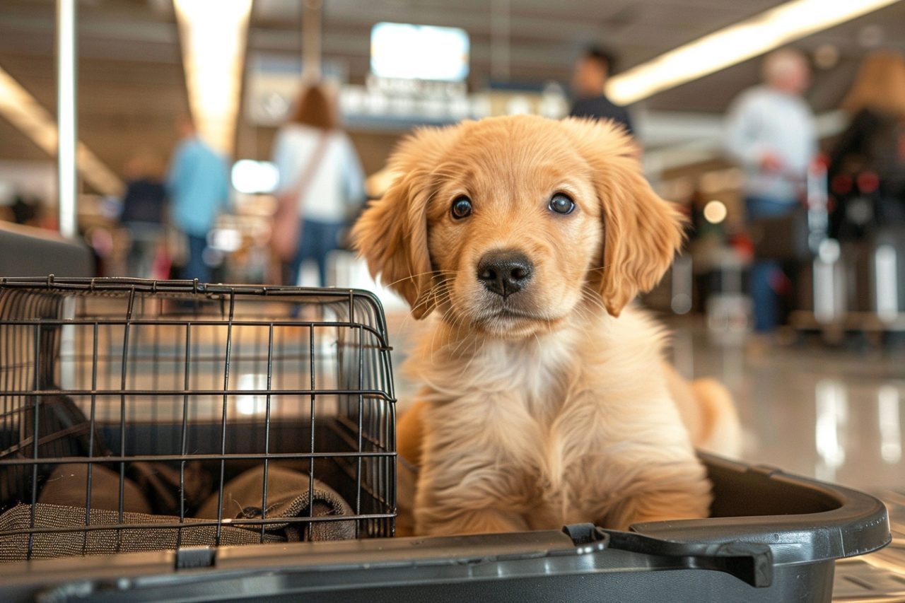 chien dans cage à l'aéroport