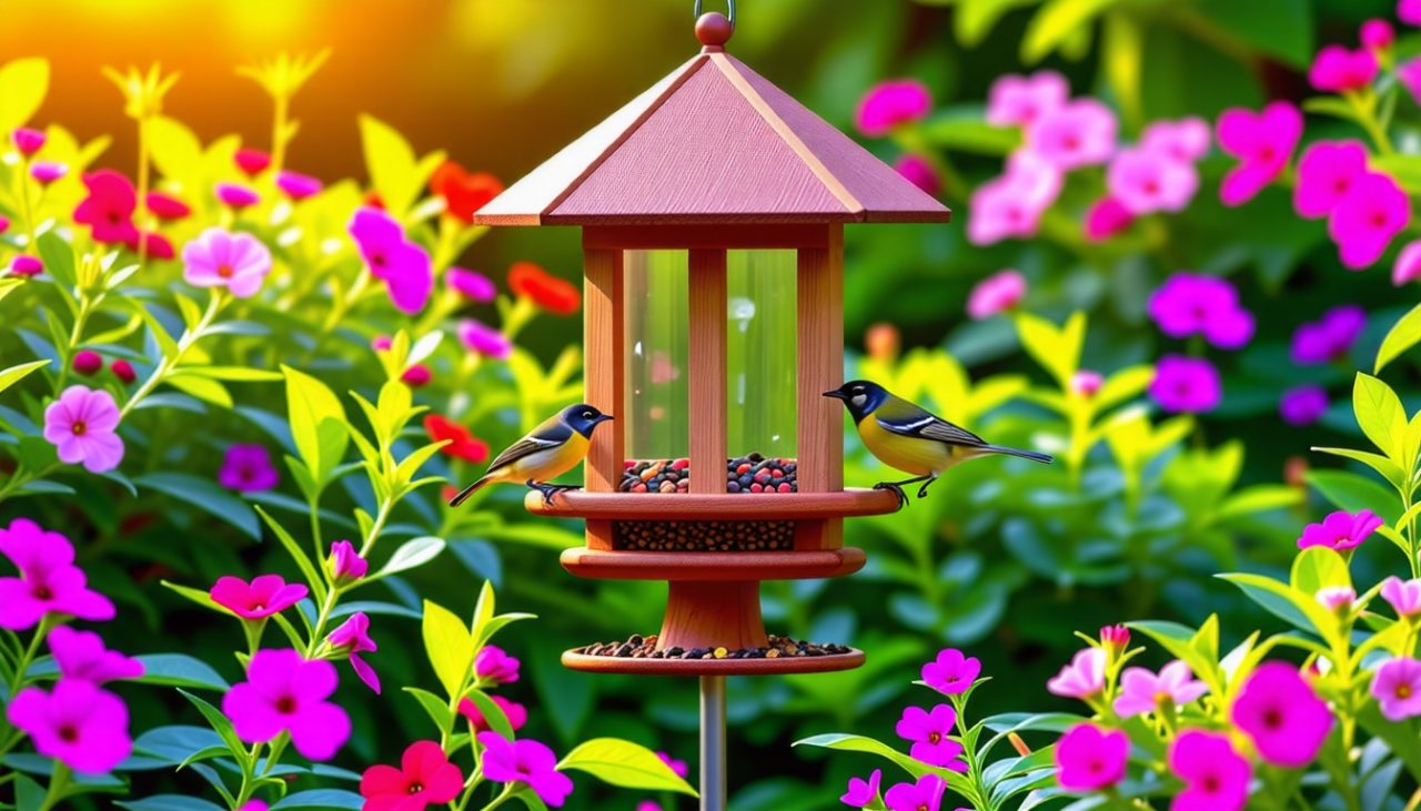 une-mangeoire-pour-oiseaux-situee-dans-un-jardin-luxuriant-entouree-de-fleurs-colorees-et-de-feuillage-vert-evoquant-une-scene-paisible-de-nourriture-pour-oiseaux
