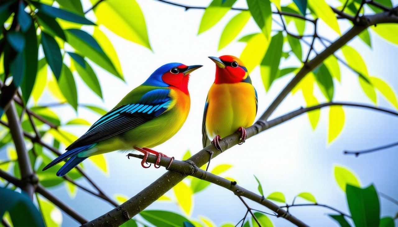 Des oiseaux colorés aux plumes vives, perchés sur une branche d'arbre, illuminés par un doux soleil filtré à travers des feuilles verdoyantes.