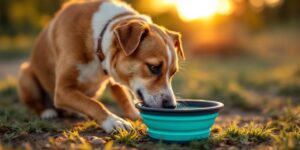 Chien buvant dans une gamelle de voyage pliable sur une aire de repos, posture naturelle, pelage brun et blanc, lumière chaude de fin d'après-midi filtrant entre les arbres, environnement routier discret en arrière-plan.