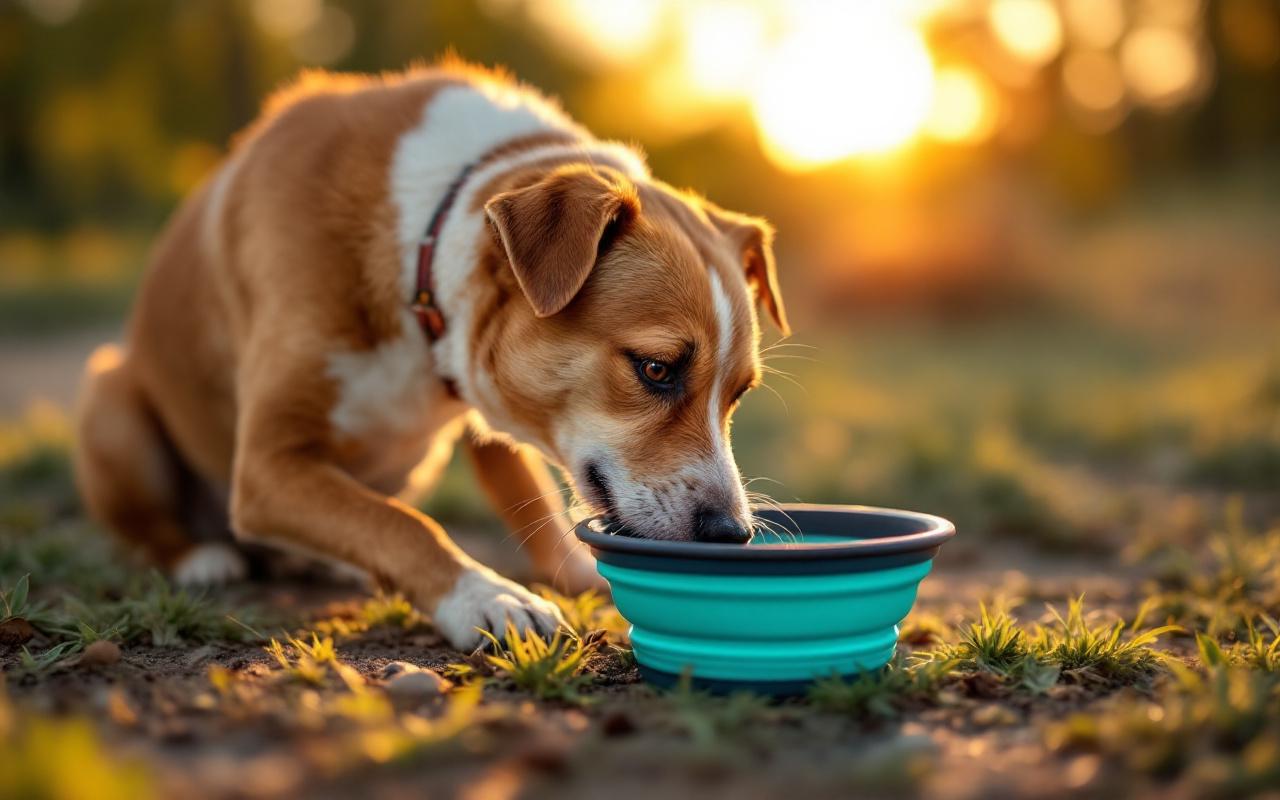 Chien buvant dans une gamelle de voyage pliable sur une aire de repos, posture naturelle, pelage brun et blanc, lumière chaude de fin d'après-midi filtrant entre les arbres, environnement routier discret en arrière-plan.