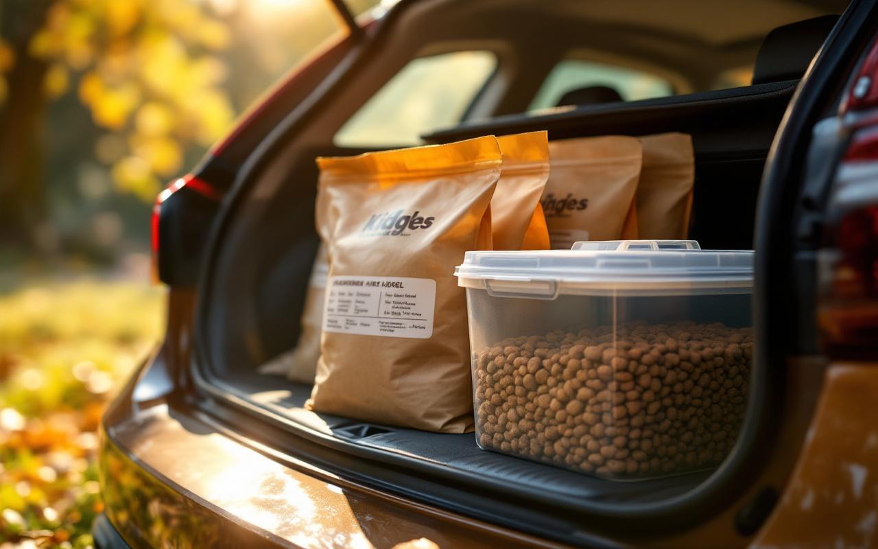 Vue photo-réaliste d'un coffre de voiture ouvert contenant des sacs de croquettes pré-dosés et un récipient hermétique transparent disposés proprement, lumière matinale douce avec rayons volumétriques, tons dominants noirs, gris, beige et ambre.