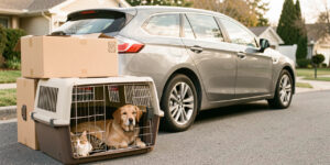 Un chien et un chat reposent dans des caisses de transport sécurisées, à côté de cartons de déménagement devant une voiture familiale, sous une lumière naturelle.