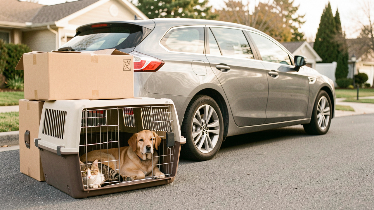 Un chien et un chat reposent dans des caisses de transport sécurisées, à côté de cartons de déménagement devant une voiture familiale, sous une lumière naturelle.