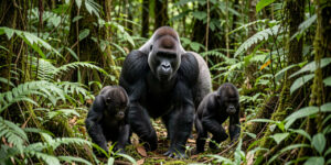 Une famille de gorilles des plaines de l’Ouest se déplace dans une forêt dense d’Afrique centrale, sous une lumière naturelle filtrée par la végétation.