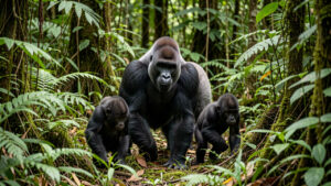 Une famille de gorilles des plaines de l’Ouest se déplace dans une forêt dense d’Afrique centrale, sous une lumière naturelle filtrée par la végétation.
