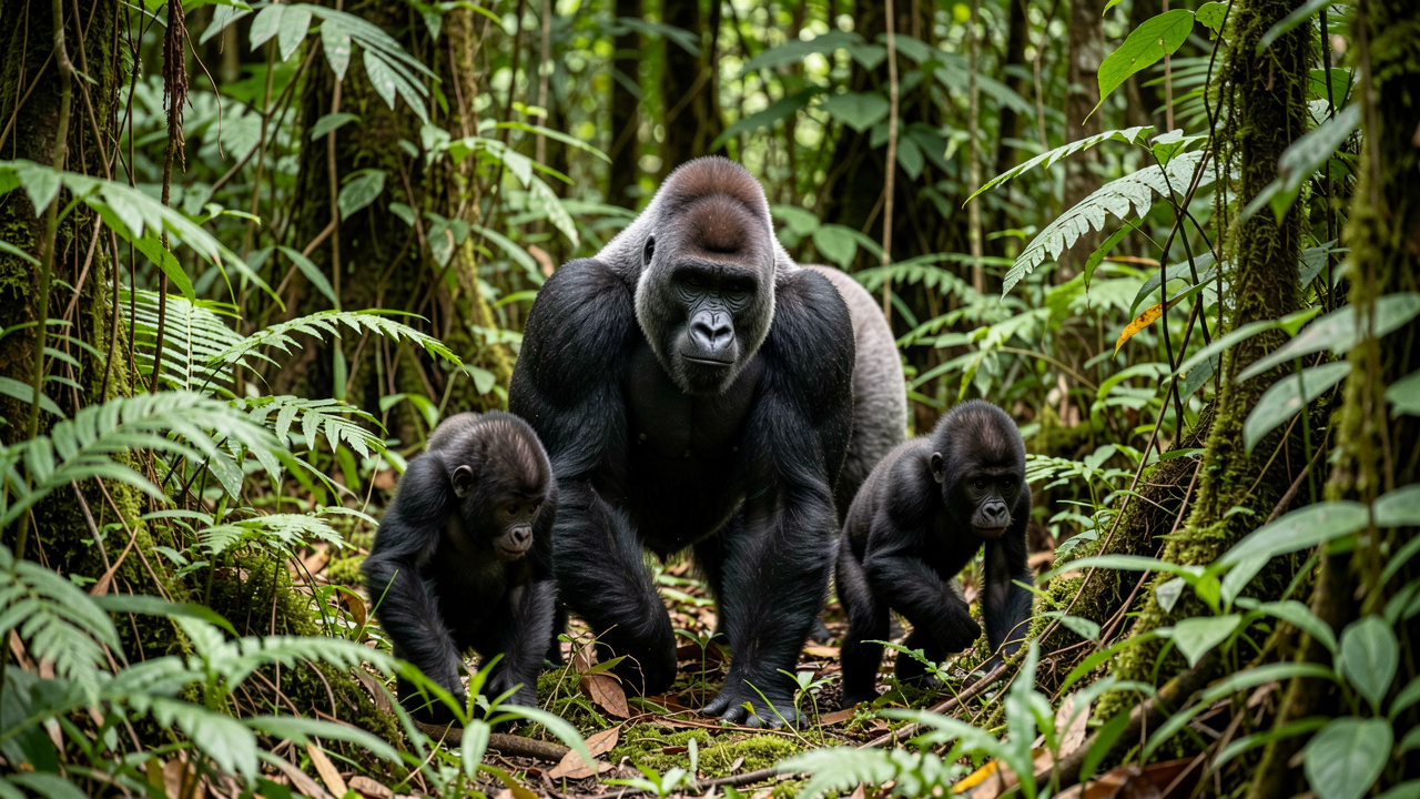 Une famille de gorilles des plaines de l’Ouest se déplace dans une forêt dense d’Afrique centrale, sous une lumière naturelle filtrée par la végétation.