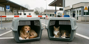 Un chien et un chat reposent séparément dans des caisses de transport ventilées près d’un poste de contrôle frontalier européen.