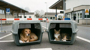 Un chien et un chat reposent séparément dans des caisses de transport ventilées près d’un poste de contrôle frontalier européen.