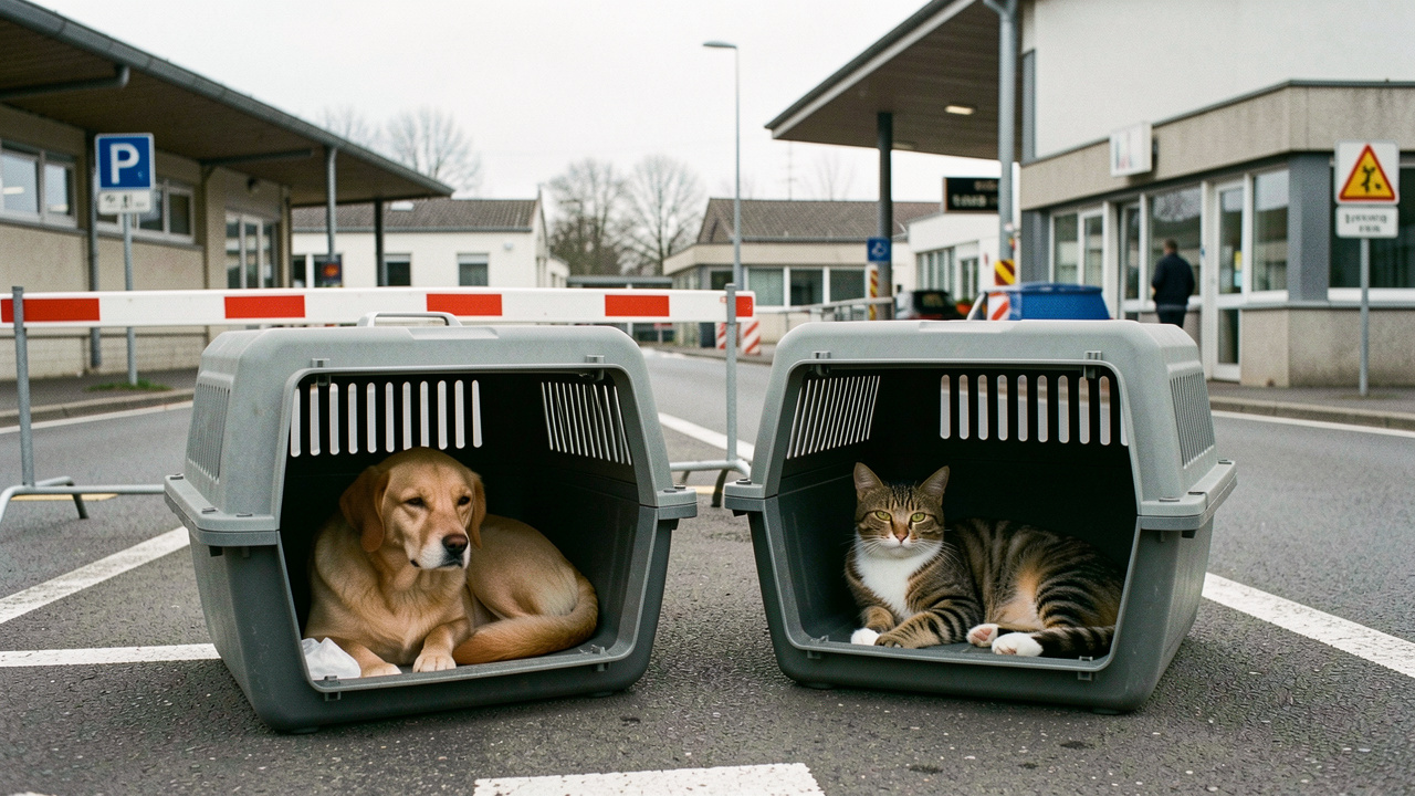 Un chien et un chat reposent séparément dans des caisses de transport ventilées près d’un poste de contrôle frontalier européen.
