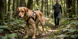 Chien de taille moyenne en mantrailing dans un sous-bois, équipé d’un harnais en Y relié à une longe, avec un conducteur visible à l’arrière-plan.