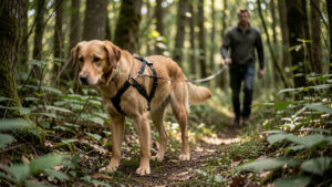 Chien de taille moyenne en mantrailing dans un sous-bois, équipé d’un harnais en Y relié à une longe, avec un conducteur visible à l’arrière-plan.