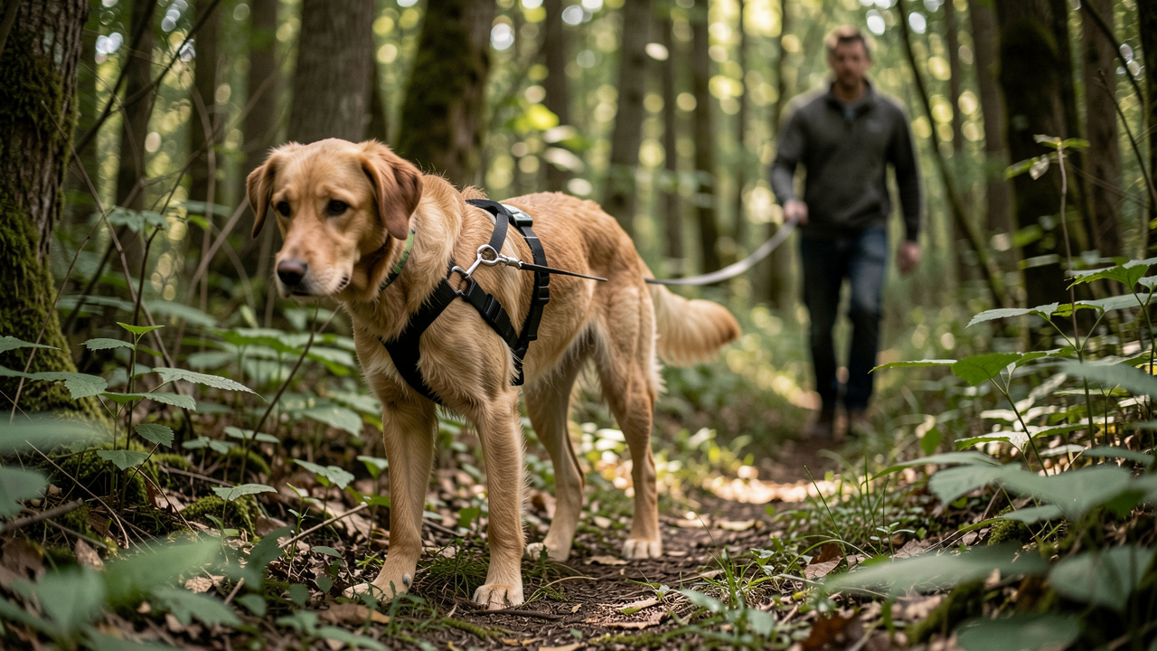 Chien de taille moyenne en mantrailing dans un sous-bois, équipé d’un harnais en Y relié à une longe, avec un conducteur visible à l’arrière-plan.