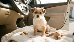 Un chien anxieux apprend progressivement à rester dans une voiture à l’arrêt, installé sur une couverture douce avec un jouet familier et des friandises.