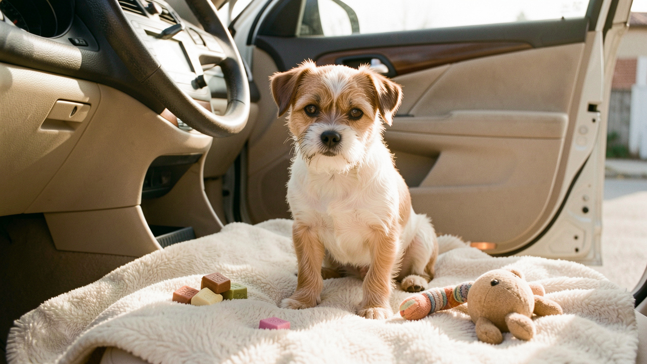 Un chien anxieux apprend progressivement à rester dans une voiture à l’arrêt, installé sur une couverture douce avec un jouet familier et des friandises.