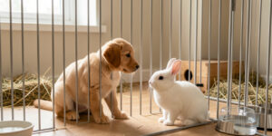 Un jeune chiot golden retriever et un petit lapin blanc se découvrent calmement de part et d’autre d’une barrière intérieure sécurisée, dans un environnement domestique propre et supervisé.