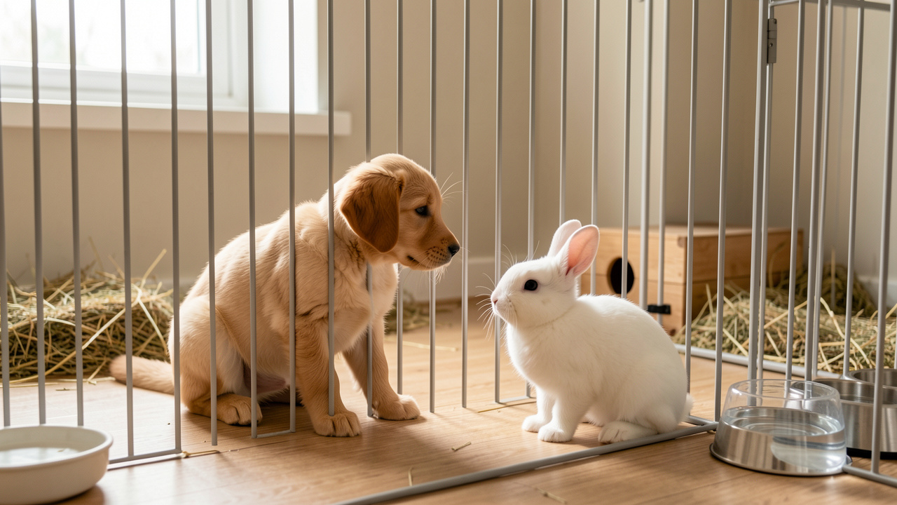 Un jeune chiot golden retriever et un petit lapin blanc se découvrent calmement de part et d’autre d’une barrière intérieure sécurisée, dans un environnement domestique propre et supervisé.