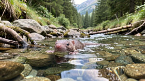 Desman des Pyrénées nageant dans un ruisseau de montagne limpide, entre les galets et les racines, avec une forêt pyrénéenne en arrière-plan.