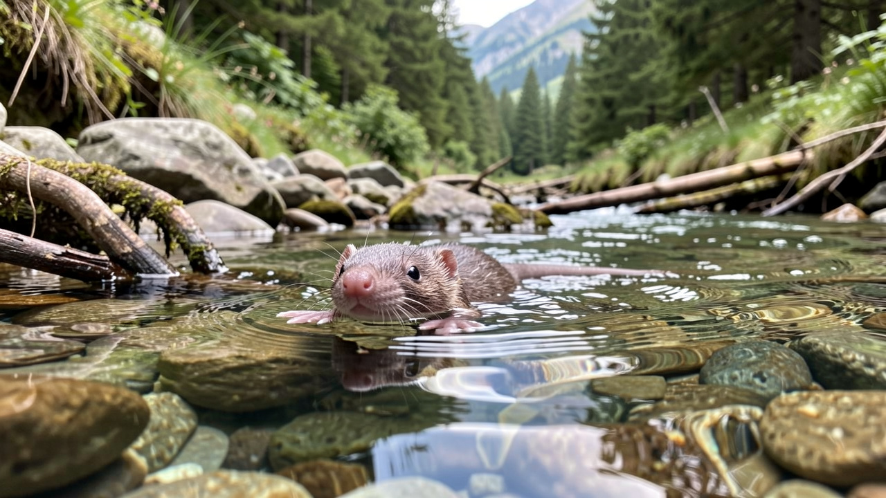 Desman des Pyrénées nageant dans un ruisseau de montagne limpide, entre les galets et les racines, avec une forêt pyrénéenne en arrière-plan.