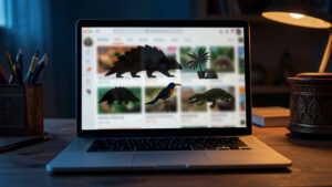 Illustration réaliste d’une enquête numérique sur le trafic d’animaux sauvages en Thaïlande, avec un ordinateur affichant une interface floutée et les silhouettes d’un pangolin, d’un oiseau tropical et d’un reptile.