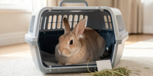 Lapin de compagnie calme dans une caisse de transport ouverte, avec un carnet de santé et du foin à côté, dans un intérieur propre baigné de lumière douce.