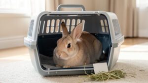 Lapin de compagnie calme dans une caisse de transport ouverte, avec un carnet de santé et du foin à côté, dans un intérieur propre baigné de lumière douce.