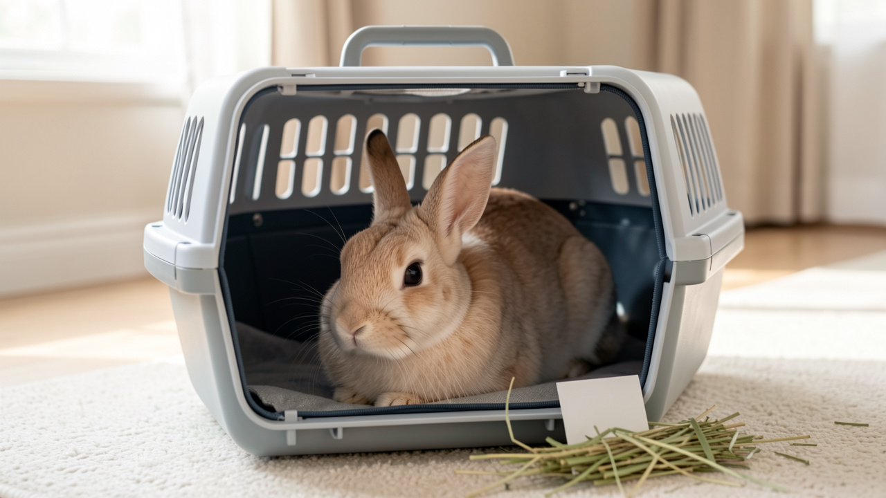 Lapin de compagnie calme dans une caisse de transport ouverte, avec un carnet de santé et du foin à côté, dans un intérieur propre baigné de lumière douce.