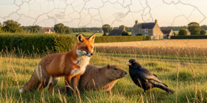 Un renard, un ragondin et une corneille réunis dans un paysage rural français, avec des champs, des haies et une carte administrative discrète et sans inscriptions en arrière-plan.