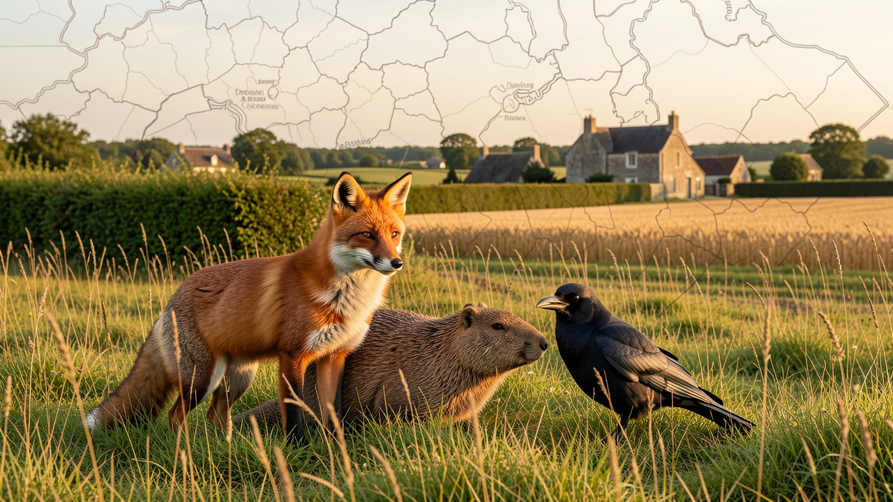 Un renard, un ragondin et une corneille réunis dans un paysage rural français, avec des champs, des haies et une carte administrative discrète et sans inscriptions en arrière-plan.