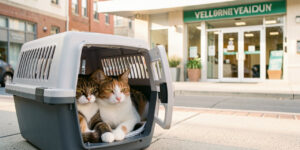 Deux chats calmes installés ensemble dans une caisse de transport devant l’entrée lumineuse d’une clinique vétérinaire.