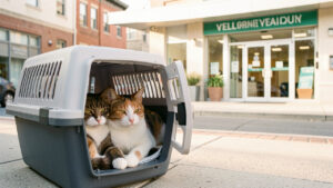 Deux chats calmes installés ensemble dans une caisse de transport devant l’entrée lumineuse d’une clinique vétérinaire.