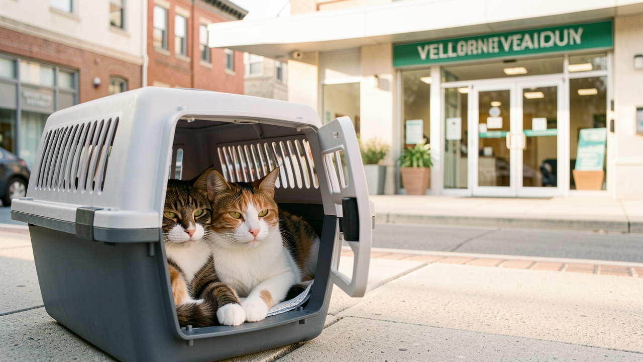 Deux chats calmes installés ensemble dans une caisse de transport devant l’entrée lumineuse d’une clinique vétérinaire.