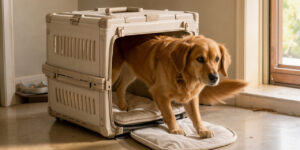 Un chien doré entre calmement dans une caisse de transport robuste et confortable, équipée d’une ouverture, d’aérations et d’un coussin lavable.