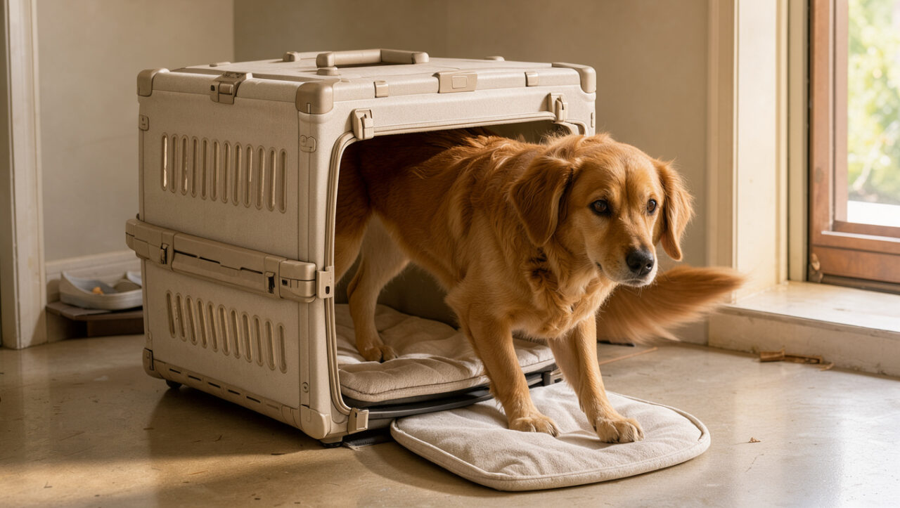 Un chien doré entre calmement dans une caisse de transport robuste et confortable, équipée d’une ouverture, d’aérations et d’un coussin lavable.