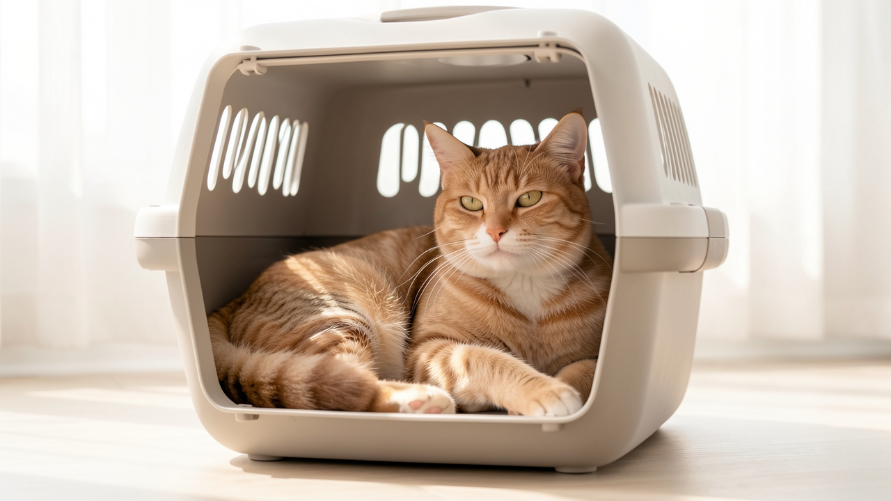 Chat adulte installé calmement dans une caisse de transport rigide moderne, dans un intérieur lumineux avec des ouvertures de ventilation visibles.