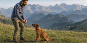 Un homme attentif guide doucement son chien lors d’un cours d’éducation positive dans un pré alpin près de Théus, avec les montagnes en arrière-plan.