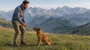 Un homme attentif guide doucement son chien lors d’un cours d’éducation positive dans un pré alpin près de Théus, avec les montagnes en arrière-plan.