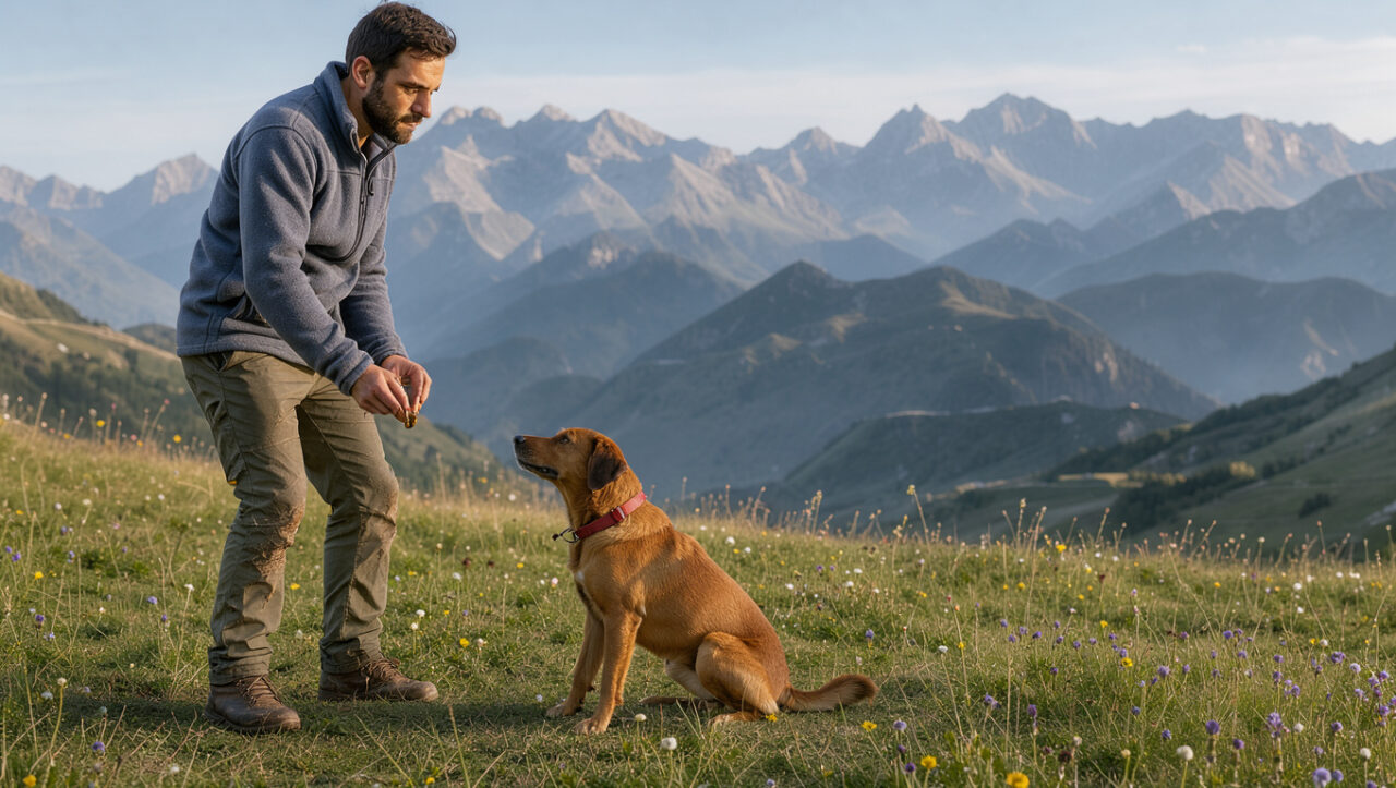 Un homme attentif guide doucement son chien lors d’un cours d’éducation positive dans un pré alpin près de Théus, avec les montagnes en arrière-plan.