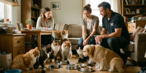 Intérieur d’un logement encombré où plusieurs chats et chiens disposent de gamelles propres, tandis qu’une équipe de protection animale intervient calmement et avec respect.