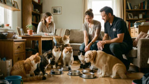 Intérieur d’un logement encombré où plusieurs chats et chiens disposent de gamelles propres, tandis qu’une équipe de protection animale intervient calmement et avec respect.