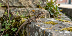 Lézard des murailles posé sur un vieux mur en pierre, entouré de végétation urbaine sous une douce lumière printanière à Schiltigheim.