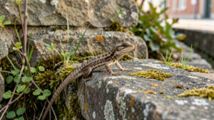 Lézard des murailles posé sur un vieux mur en pierre, entouré de végétation urbaine sous une douce lumière printanière à Schiltigheim.